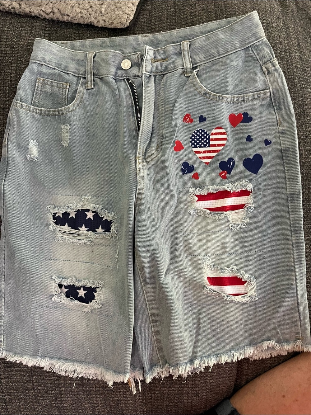 Light Blue Distressed Denim Bermuda Shorts with Patriotic Heart Patches